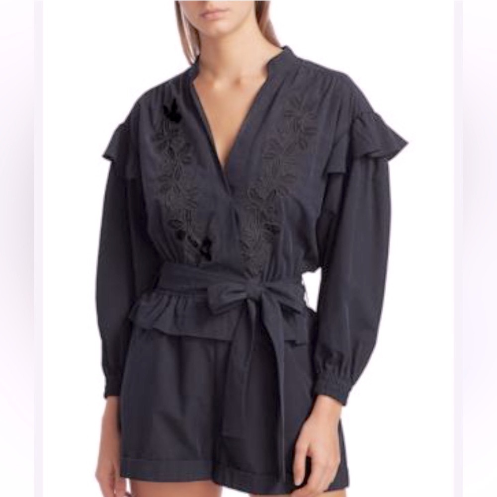 DEREK LAM 10 CROSBY- Floral Embroidery Black Long Sleeve Wrap Romper